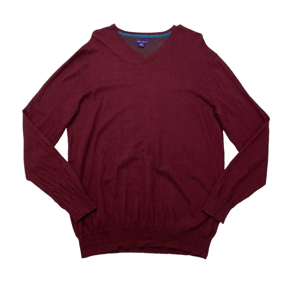 Alan Flusser Sweater Men L Large Maroon Cotton Wool Cashmere Nylon Blend V Neck